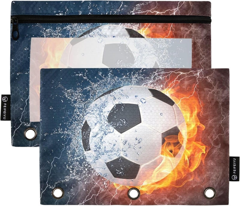 BOENLE Soccer Ball Football Fire Water Pencil Pouch for 3 Ring Binder, 2 Pack Waterproof Pencil Bags Clear Window Pencil Case Zipper School Office Supplies - Image 1